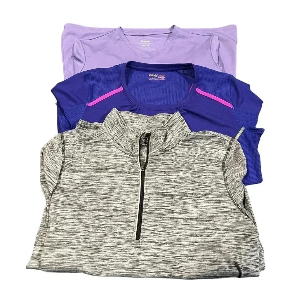 🍀2/$22 Athletic Top Bundle Two Purple Shirts One Gray 1/4 Zip Womens Size Large - Picture 11 of 11